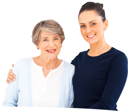 caregiver with elderly patient smiling