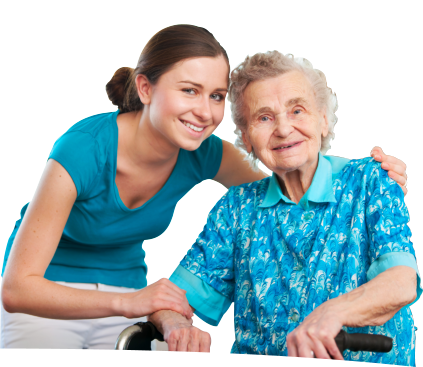caregiver with elderly patient smiling